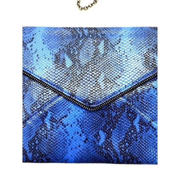 Lily & Ivy Purse Blue Snakeskin Envelope Clutch with Chain-link Shoulder Strap - Picture 7 of 8